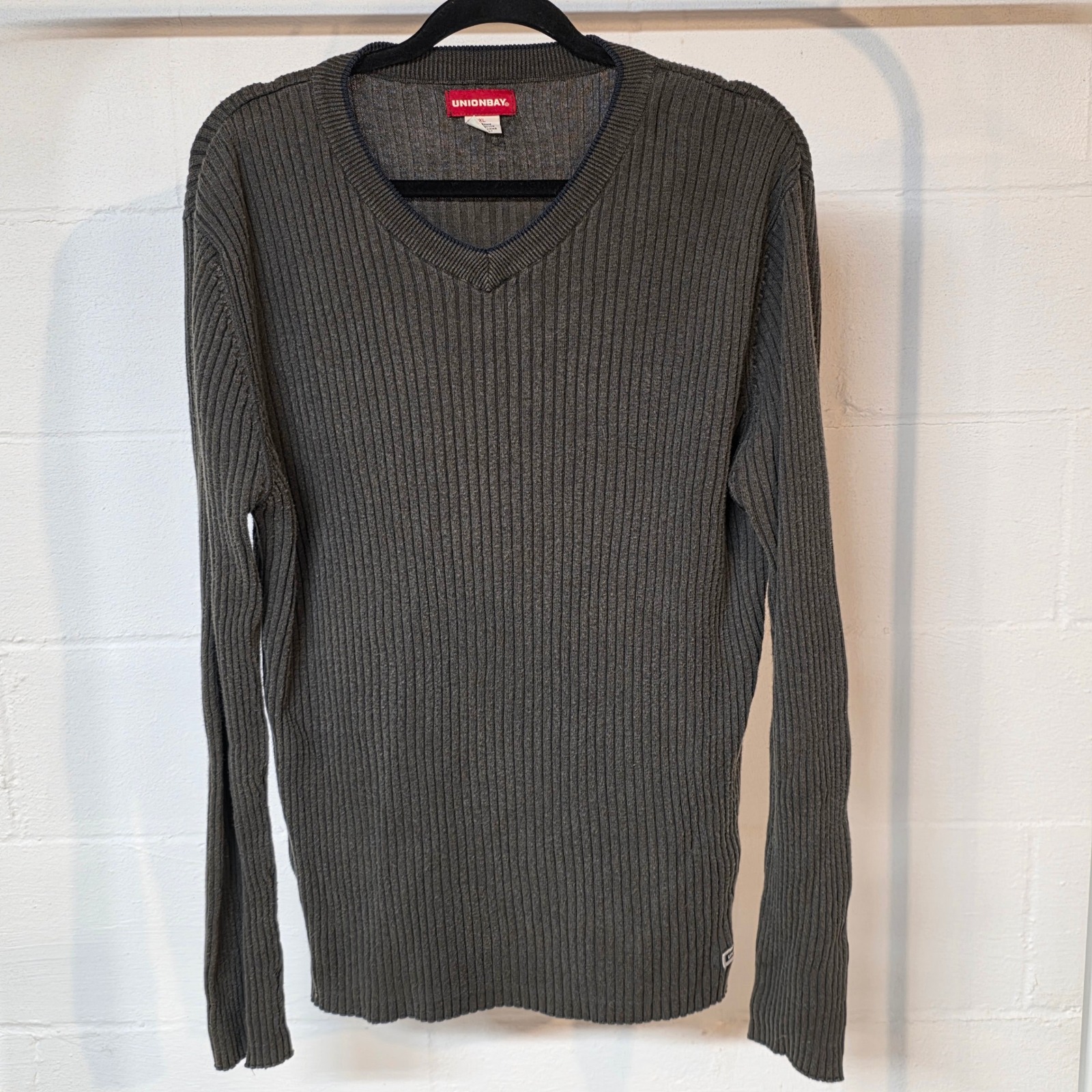 Vintage Y2k Unionbay Mens Xl Ribbed V Neck Long Sleeve Sweater Dark Gray Fitted